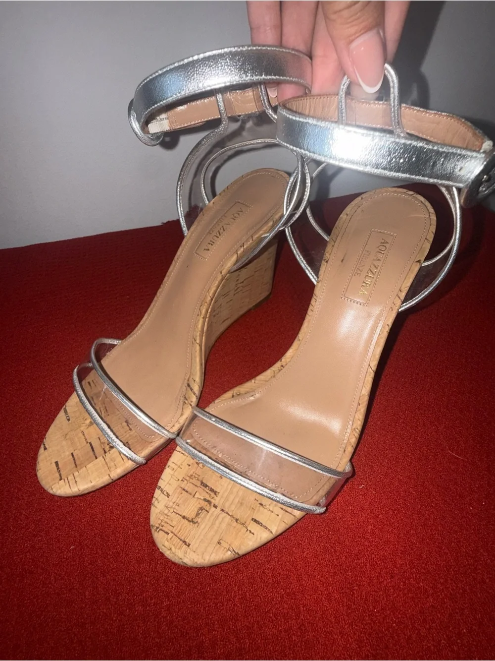 Aquazzura Silver Metallic Cork Wedge Sandals
